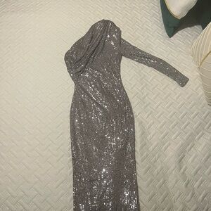 JLUXLABEL One Shoulder Silver Sequin Dress
